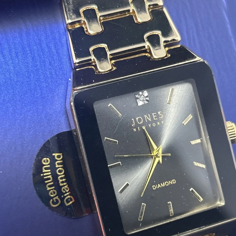 NIB Jones New York Men's Watch Gold Band Black Face Genuine Diamond